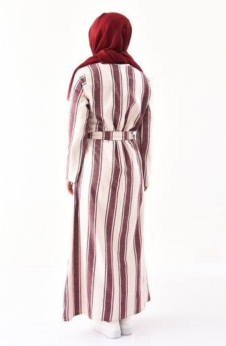 Striped Belted Dress 1326-01 light Beige Plum 1326-01