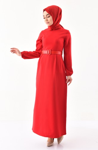 Kemerli Elbise 2051-01 Kırmızı 2051-01