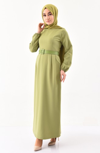 Kemerli Elbise 2051-06 Fıstık Yeşili