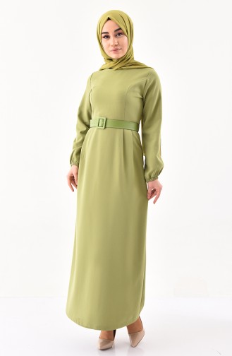 Kemerli Elbise 2051-06 Fıstık Yeşili