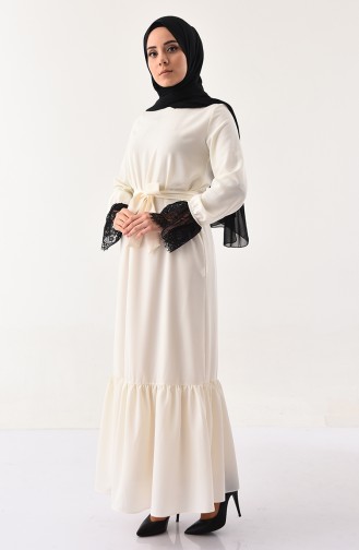 Dantel Detaylı Kuşaklı Elbise 1914-01 Ekru