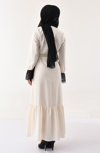 Dantel Detaylı Kuşaklı Elbise 1914-01 Ekru