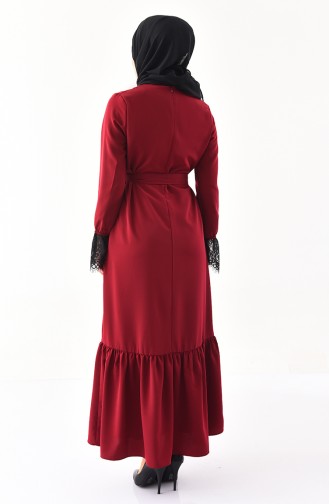 Spitze Detail Kleid mit Gürtel 1914-04 Weinrot 1914-04
