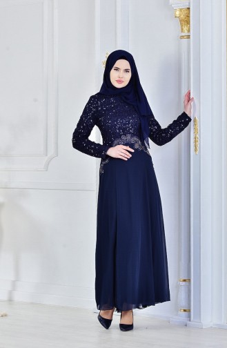 Navy Blue Hijab Evening Dress 52614-01