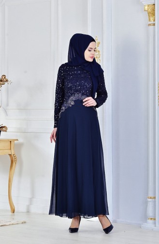 Navy Blue Hijab Evening Dress 52614-01