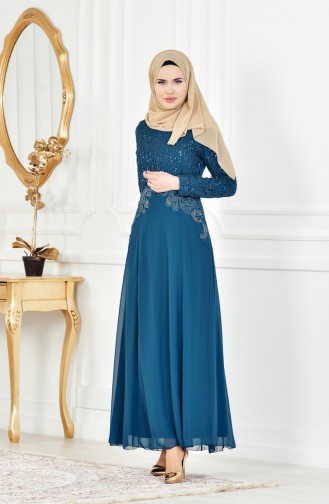 Petrol Hijab Evening Dress 52614-04