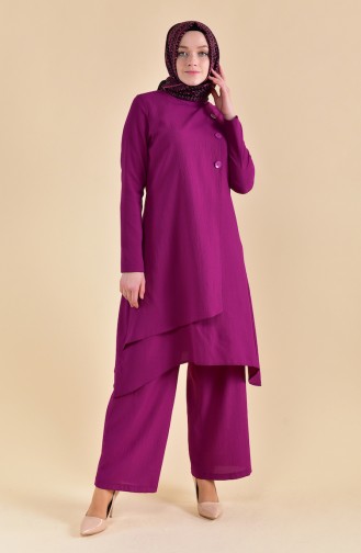 Buttons Detailed Tunic Pants Binary Suit 130027-04 Purple 130027-04