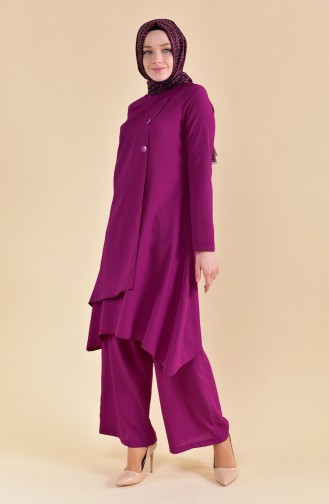 Buttons Detailed Tunic Pants Binary Suit 130027-04 Purple 130027-04