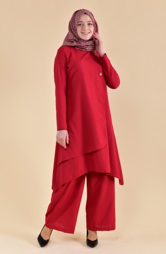 Buttons Detailed Tunic Pants Binary Suit 130027-05 Red 130027-05