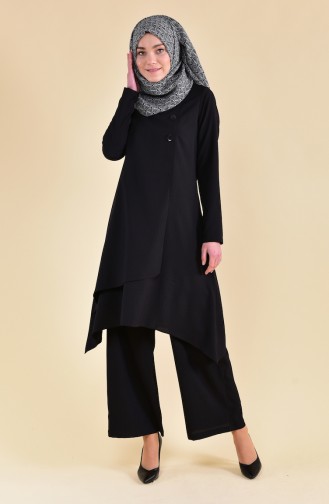 Buttons Detailed Tunic Pants Binary Suit 130027-07 Black 130027-07