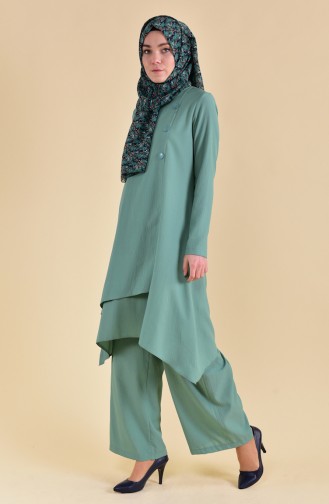 Buttons Detailed Tunic Pants Binary Suit 130027-08 Almond Green 130027-08