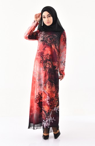 فستان كاجوال بتصميم مُطبع باحجار لامعة 99189-03 لون مرجاني 99189-03