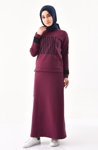 Ensemble Deux Pieces Blouse Jupe İmprimée 8338-03 Plum 8338-03