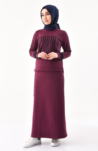 Ensemble Deux Pieces Blouse Jupe İmprimée 8338-03 Plum 8338-03