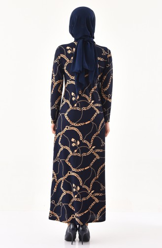 CAVANE Patterned Dress 8800-02 Navy Blue 8800-02