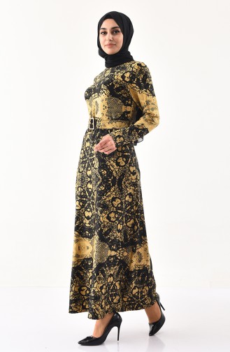 دلبر فستان مُطبع بتفاصيل لامعة 1139-01 لون ذهبي 1139-01