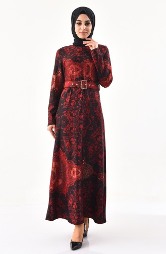 دلبر فستان مُطبع بتفاصيل لامعة 1139-02 لون خمري 1139-02