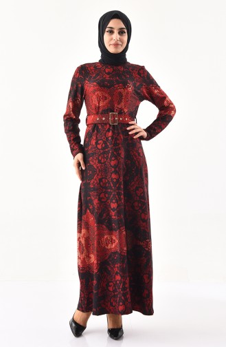 دلبر فستان مُطبع بتفاصيل لامعة 1139-02 لون خمري 1139-02