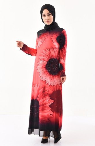 فستان كاجوال بتصميم مُطبع باحجار لامعة 99187-01 لون مرجاني 99187-01