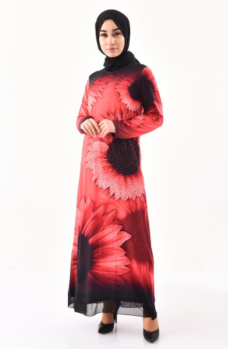 فستان كاجوال بتصميم مُطبع باحجار لامعة 99187-01 لون مرجاني 99187-01