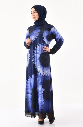 فستان كاجوال بتصميم مُطبع باحجار لامعة 99187-04 لون كحلي 99187-04