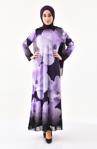 فستان كاجوال بتصميم مُطبع باحجار لامعة 99188-03 لون بنفسجي 99188-03
