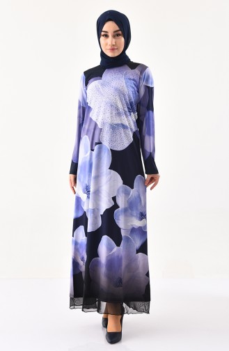 فستان كاجوال بتصميم مُطبع باحجار لامعة 99188-04 لون كحلي 99188-04