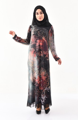 فستان كاجوال بتصميم مُطبع باحجار لامعة 99189-01 للون اخضر كاكي 99189-01