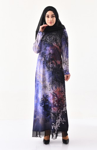 فستان كاجوال بتصميم مُطبع باحجار لامعة 99189-02 لون بنفسجي 99189-02