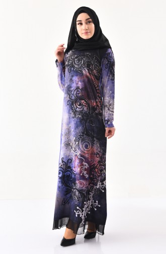 فستان كاجوال بتصميم مُطبع باحجار لامعة 99189-02 لون بنفسجي 99189-02