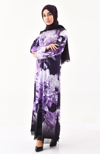 فستان كاجوال بتصميم مُطبع باحجار لامعة 99190-02 لون بنفسجي 99190-02