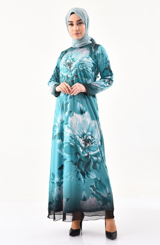 فستان كاجوال بتصميم مُطبع باحجار لامعة 99190-03 لون اخضر 99190-03