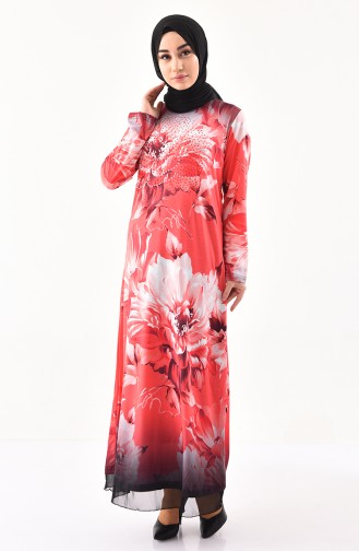 فستان كاجوال بتصميم مُطبع باحجار لامعة 99190-04 لون مرجاني 99190-04