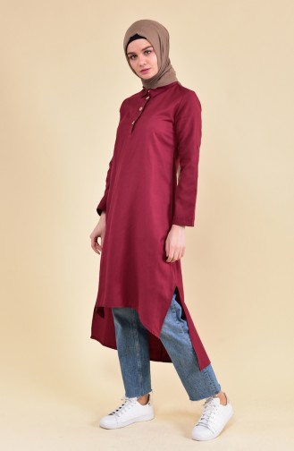 Buttons Detailed Asymmetric Tunic  1281-04 Claret Red 1281-04