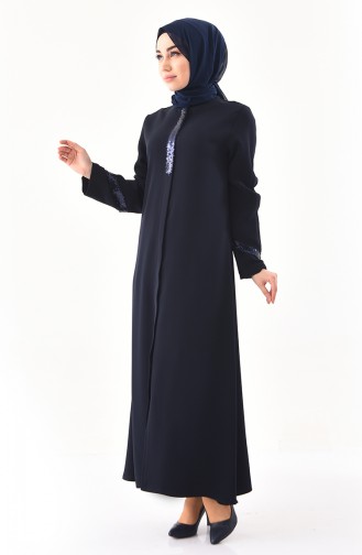 Pailletten detaillierte Abaya mit Reissverschluss 1040-02 Dunkelblau 1040-02