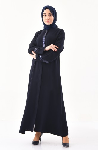 Abaya a Fermeture Détail Paillettes 1040-02 Bleu Marine 1040-02