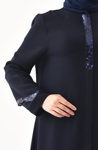 Abaya a Fermeture Détail Paillettes 1040-02 Bleu Marine 1040-02