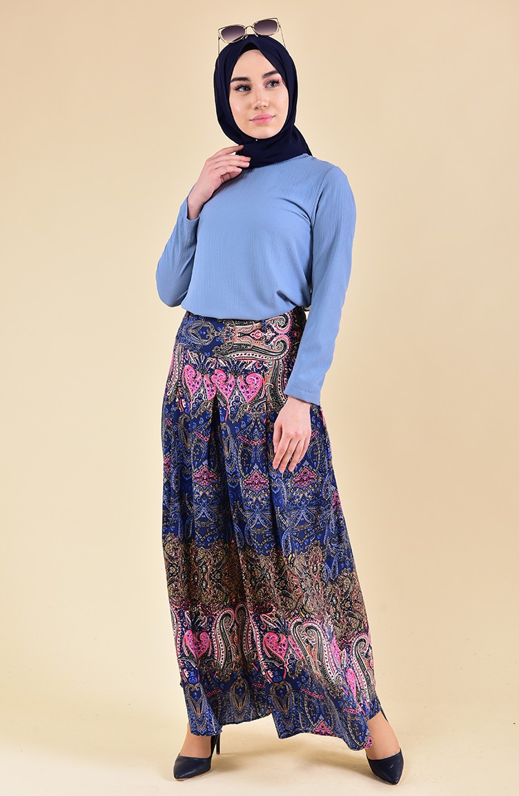 Şal Desenli Viskon Pantolon Etek 8129-01 Lacivert