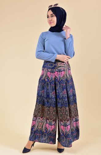 Şal Desenli Viskon Pantolon Etek 8129-01 Lacivert