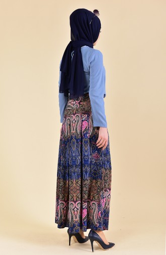 Şal Desenli Viskon Pantolon Etek 8129-01 Lacivert