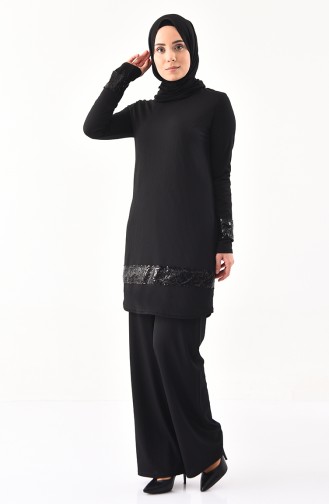 Sequined Tunic Pants Binary Suit 2054-01 Black 2054-01