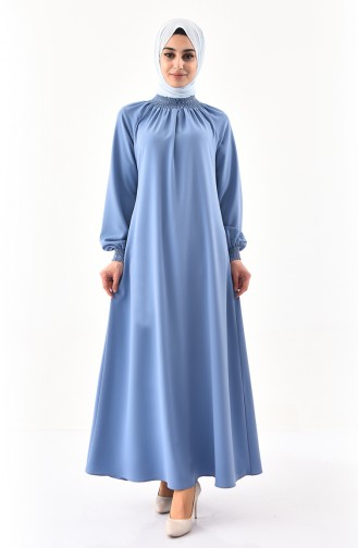 فستان بتصميم مزموم عند اكمام 0274-08 لون ازرق 0274-08