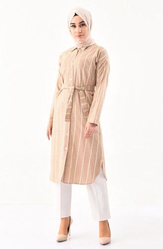 Striped Belted Long Tunic 1324-04 Beige 1324-04