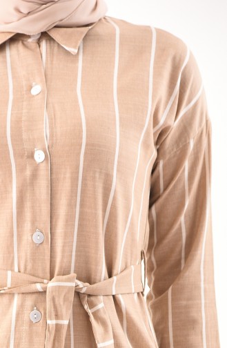 Striped Belted Long Tunic 1324-04 Beige 1324-04