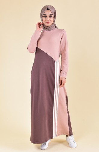 Şeritli Spor Elbise 9025-04 Kahverengi Pudra
