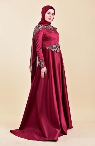 Guipure Detailed Evening Dress 6154-02 Plum 6154-02