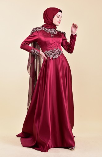 Guipure Detailed Evening Dress 6154-02 Plum 6154-02