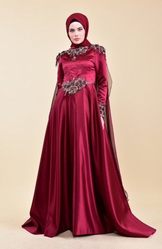 Guipure Detailed Evening Dress 6154-02 Plum 6154-02