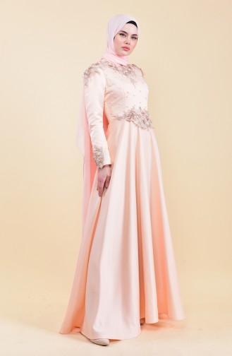 Guipure Detailed Evening Dress 6154-01 Salmon 6154-01