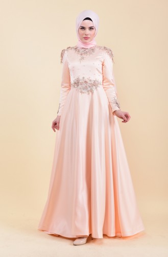 Guipure Detailed Evening Dress 6154-01 Salmon 6154-01